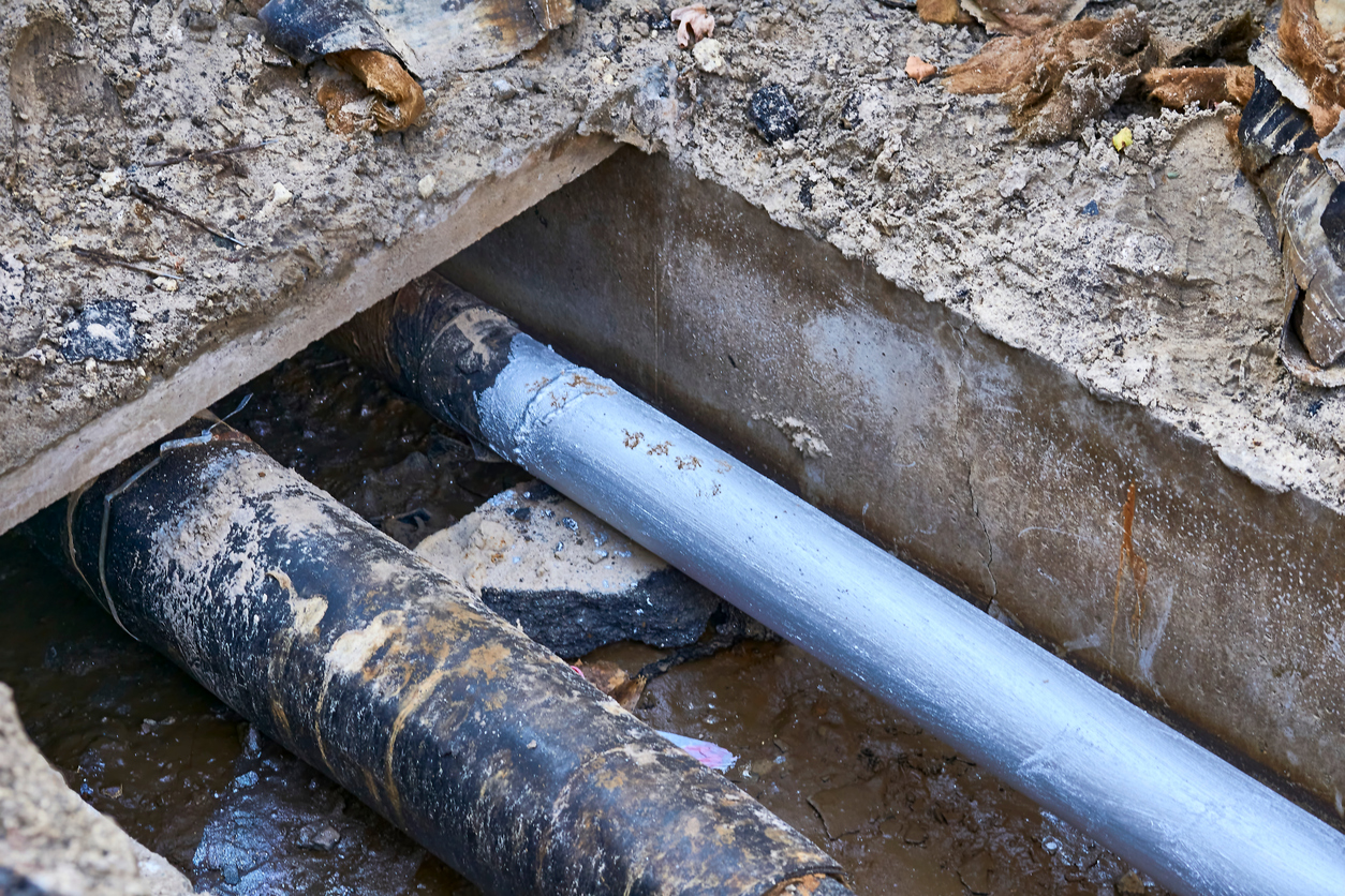 Excavated pit ready for sewer line repair
