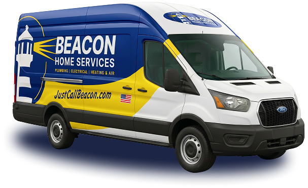 Beacon Home Services van, blue and yellow with logo and 'JustCallBeacon.com' on the side (Ford transit).