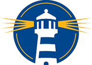 Logo: white lighthouse casting golden beams inside a blue circle/disk of branding colors.