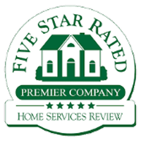 Circular green badge logo reading 'Five Star Rated Premier Company' with 'Home Services Review' and five stars, indicating a top-rated service.