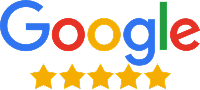 Google logo with five gold stars below, signaling a five-star rating.