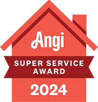 Angi Super Service Award 2024 badge on a red house-shaped emblem with a ribbon reading 'SUPER SERVICE AWARD'.