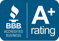Blue trust badge with BBB Accredited Business seal on the left and an A+ rating on the right.