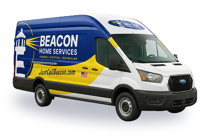 Blue, white, and yellow Beacon Home Services van with logo and 'JustCallBeacon.com' on the side; American flag graphic, used for plumbing, heating & air.