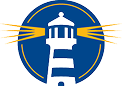 Circular blue badge featuring a white lighthouse with stylized golden waves extending from the sides