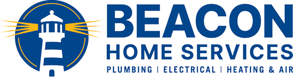 Beacon Home Services logo with a blue lighthouse inside a circle, gold beacon rays, and the text 'BEACON HOME SERVICES' with 'PLUMBING | ELECTRICAL | HEATING & AIR'
