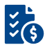 Blue document icon with three checkmarks and a dollar sign, representing invoices and payments or a payment checklist.