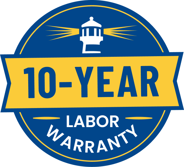 Circular blue and yellow badge reading '10-YEAR LABOR WARRANTY' with a lighthouse icon in the center.