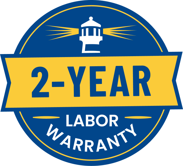 Circular blue and gold badge featuring a lighthouse and the text '2-YEAR LABOR WARRANTY'