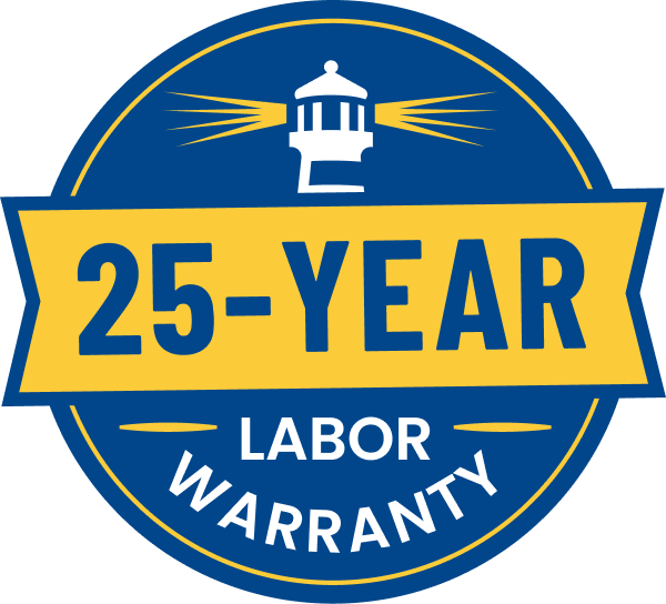 Blue circular badge with a yellow ribbon reading '25-Year Labor Warranty' and a white lighthouse icon on top of the circle.