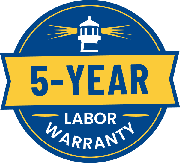 Circular blue and gold badge that says '5-Year Labor Warranty' with a lighthouse icon and rays above.