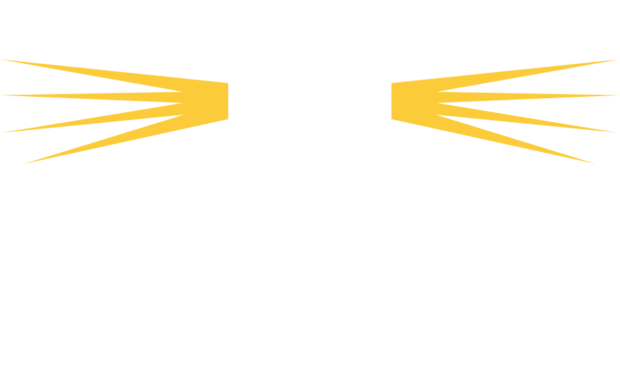 White lighthouse silhouette with yellow light beams extending from its sides on a black background.